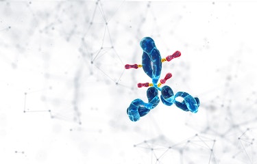 Stylized antibody molecule illustration with blue structures and red binding sites on a white background